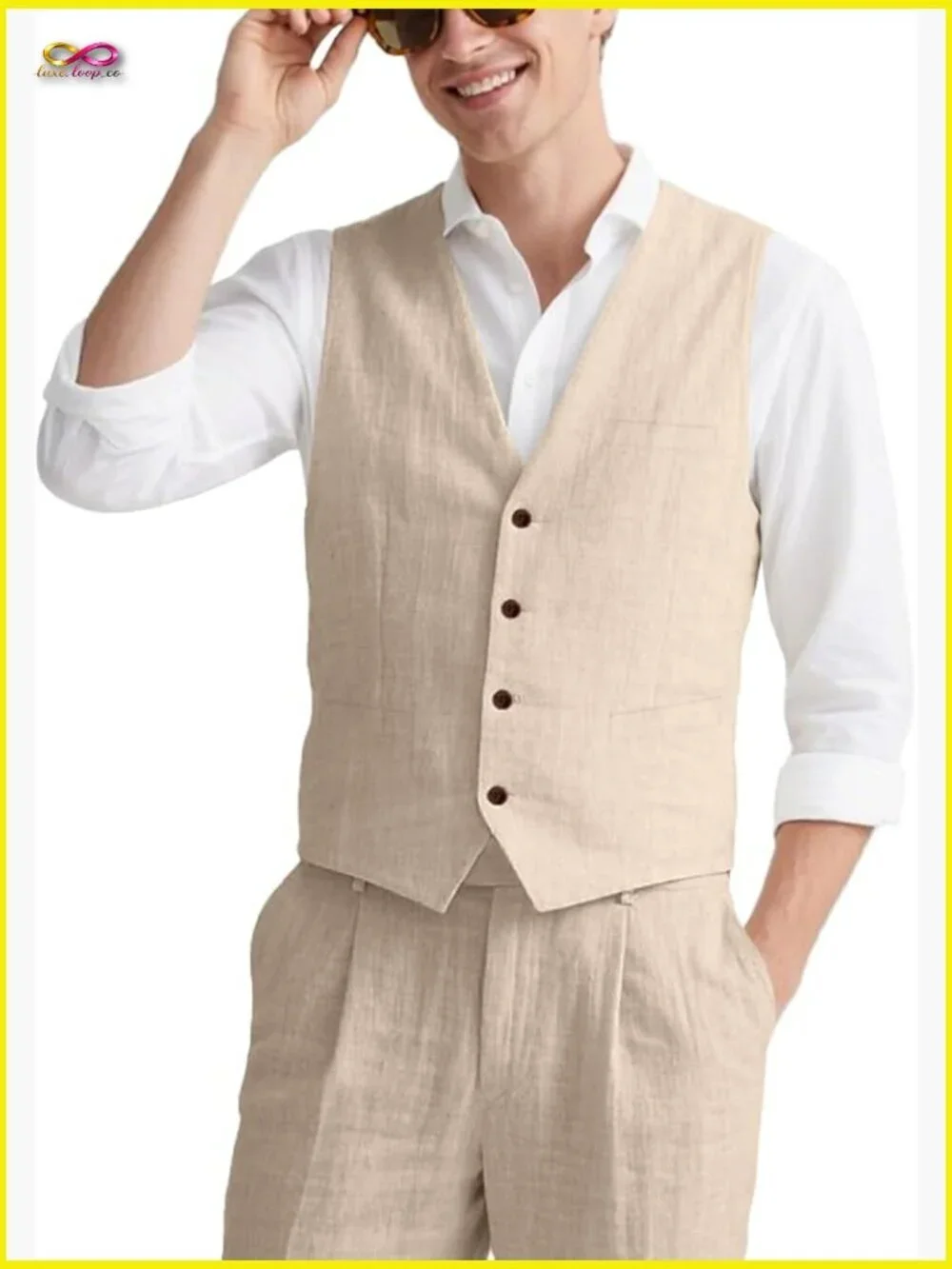 Linen Suit Set Slim Fit Summer Casual Wedding Beach Party Vest Pants